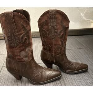 Bass Palomino Mid Calf Brown Leather And Suede Cowgirl Boot Size 5 1/2 M